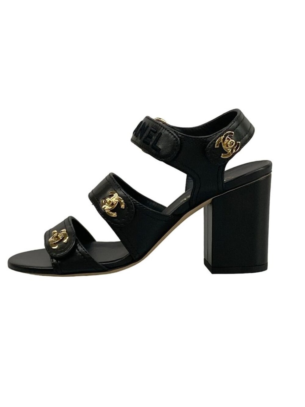 Chanel Sandals 36 C Black Gold CC Logo Turnlock Lambskin